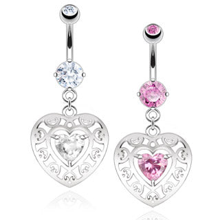 CZ Centered Heart Dangle Navle Piercing